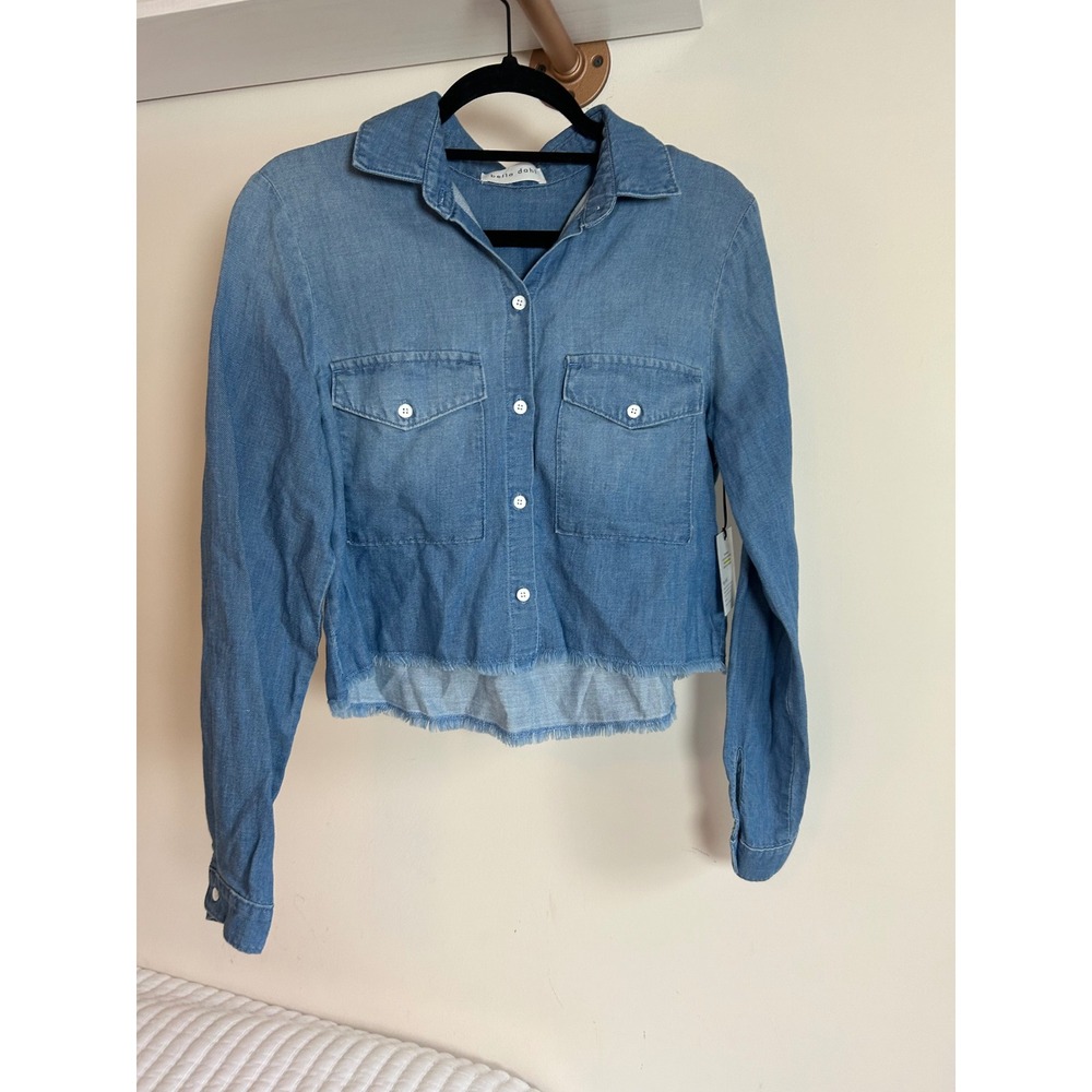 Bella Dahl Patch Pocket Crop Shirt Denim Bermuda Wash Frayed Hem Size Small